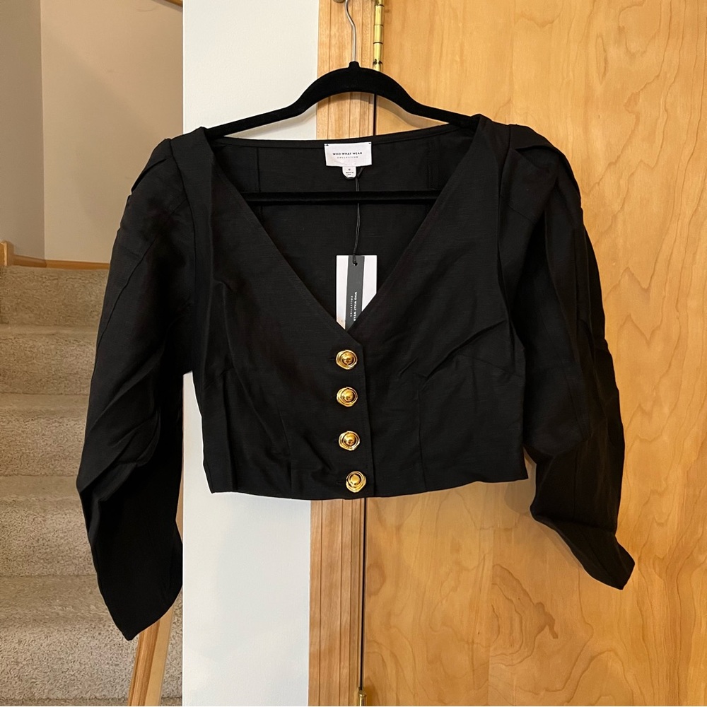 NWT Brynn Washed Canvas (cropped) Top in Black with Gold Buttons